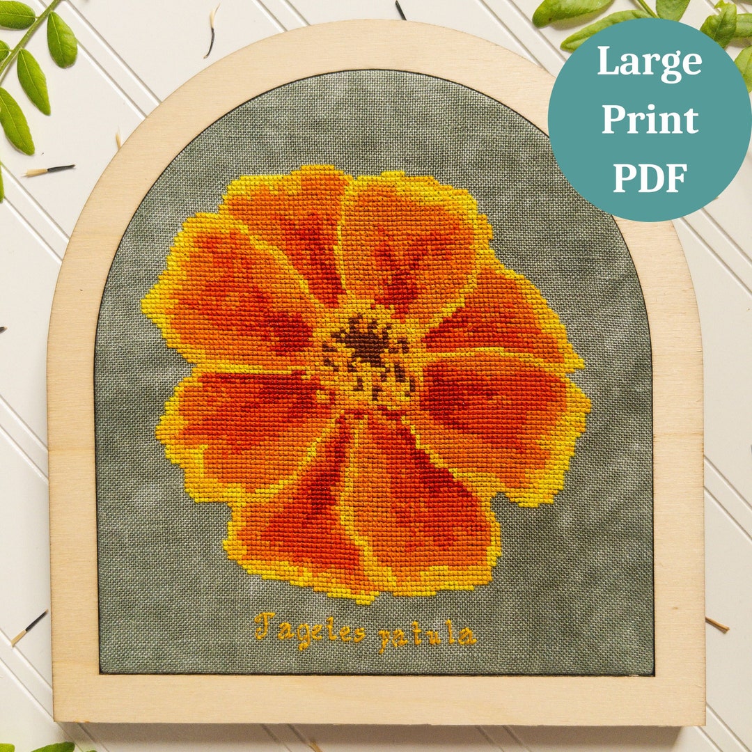 Marigold Flower Cross Stitch Pattern, LARGE PRINT, Botanical Garden