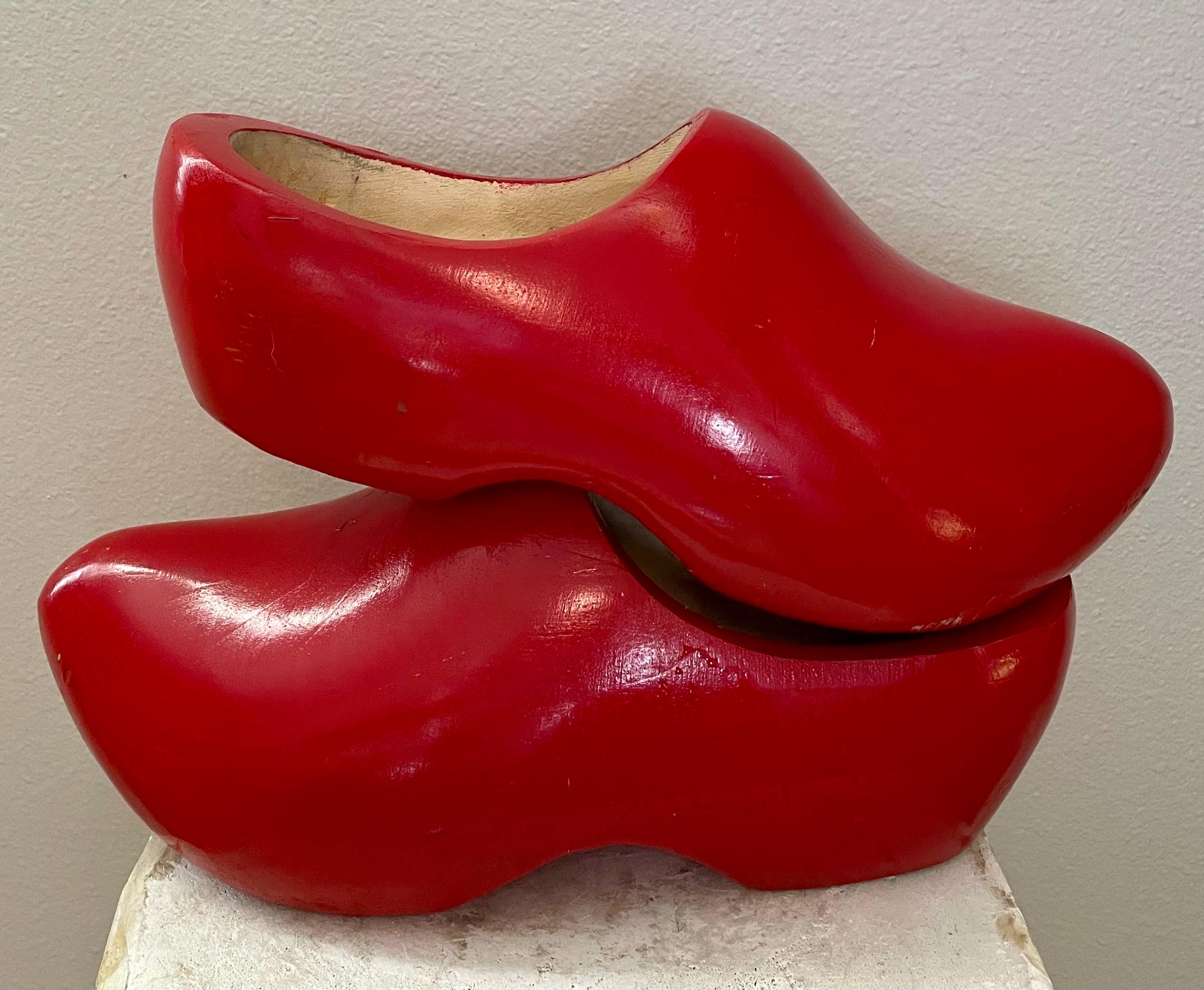 Vintage Red Wooden Dutch Clogs: Hand-chiseled Holland Decor (12