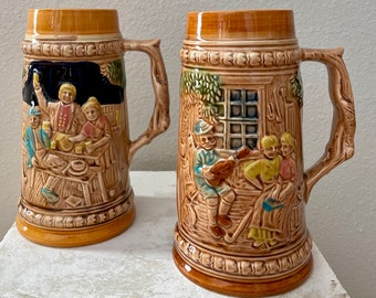 Vintage Hand-Painted Ceramic Beer Steins - Made in Japan - Set of 2
