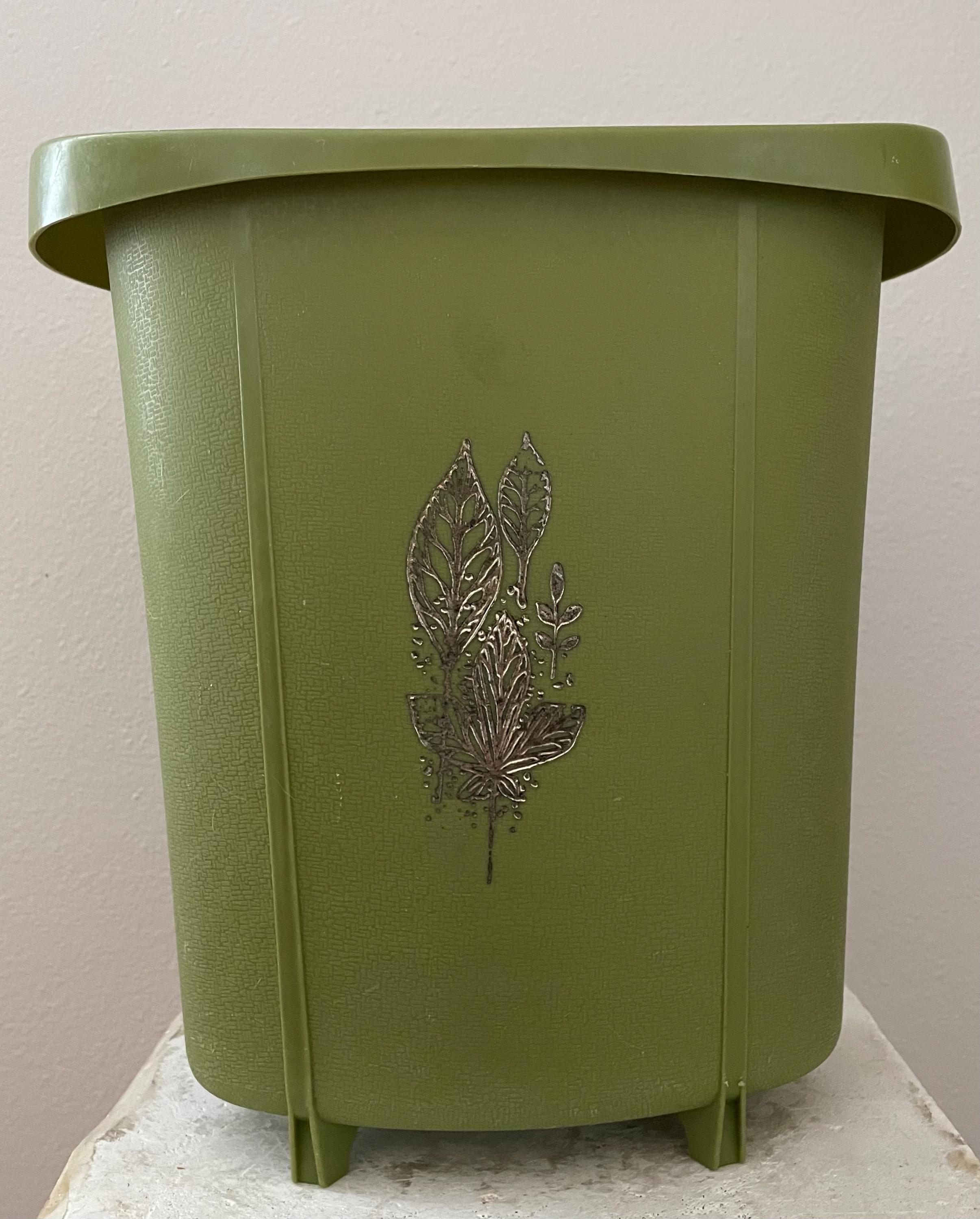 Vintage Avocado Green Plastic Trash Can / Vanity Wastebasket Can