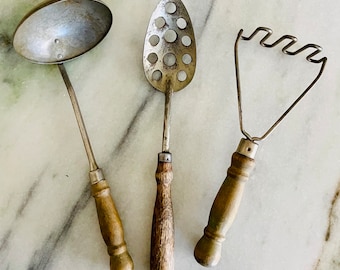 Vintage Set of 3 Wooden Handled Kitchen Cooking Utensils / Turned Wood / Potato Masher / Ladle / Slotted Spoon