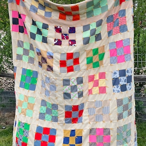 Vintage Handmade Quilt / Multicolored Retro Blanket / Vintage Clothing Remnants/ Heavy Bedding / Throw /