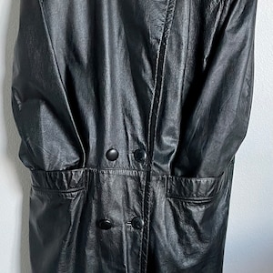 Vintage Black Genuine Leather Trench Coat: 80s-90s Double Breasted Jacket