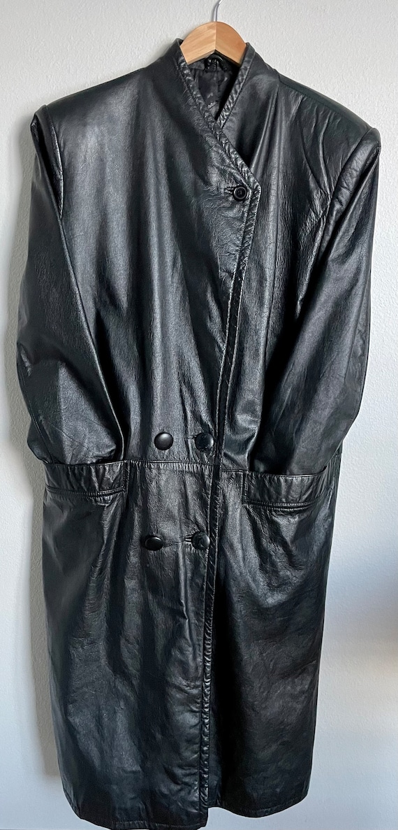 Vintage Black Genuine Leather Long Coat  / Drop Wa