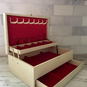 Large Deluxe Mid Century Modern Jewelry Box / MCM Trinket Storage / Multi Tiered Drawers / Gold Beige & Red