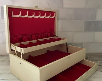 Mid Century Modern Jewelry Box: Gold & Red Velvet, Multi-Tiered