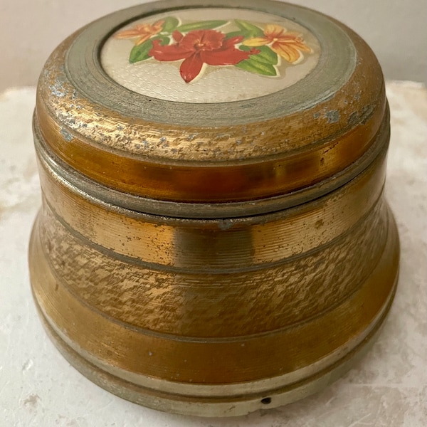 Vintage Vanity Powder Box / Antique Metal Music Box / Floral / Waltz / Red & Yellow Irises / Makeup Storage