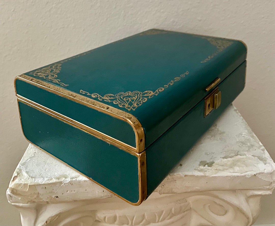 Vintage Farrington USA Teal & Gold Jewelry Box / Mid Century Modern