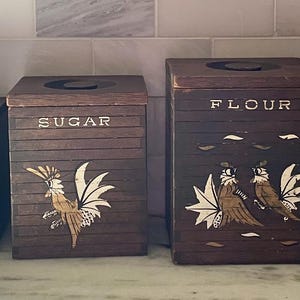 Vintage Japanese Square Wood Nesting Boxes Canisters Set of 5 / Cookies Flour Sugar Coffee Tea / Retro Rooster Motif
