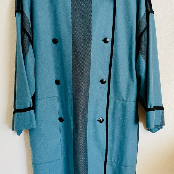 Vintage Double Breasted Wool Spring Coat / Cloak / Cape / Poncho / One Size Fits Most / Black & Blue Striped