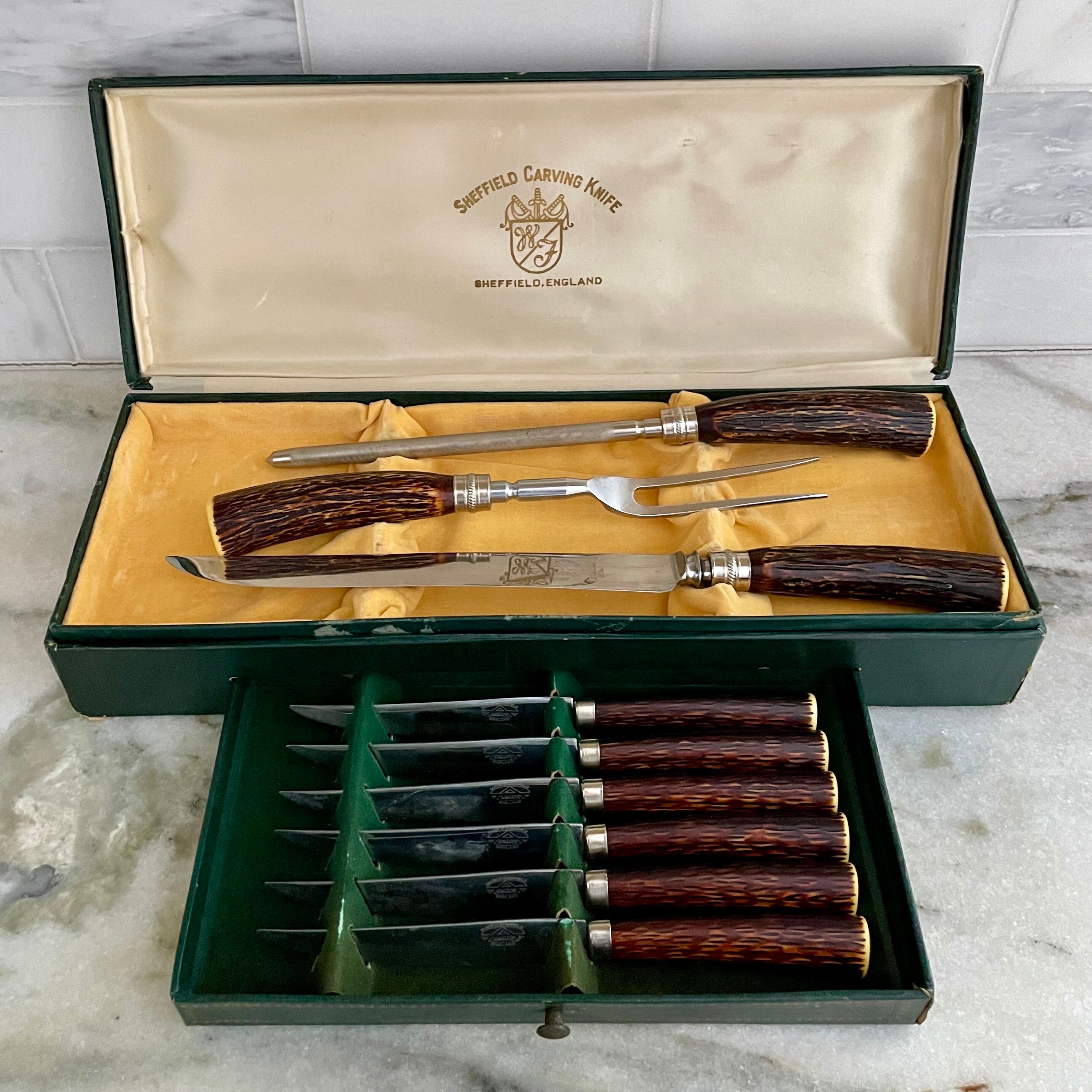 Vintage Sheffield 3 Piece Carving Set With 6 Steak Knives