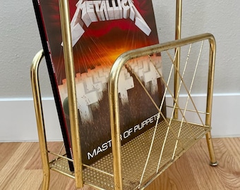 Vintage MCM Hollywood Regency Brass Vinyl Record Holder / Retro Magazine Rack / Mid Century Modern Organization Storage Display