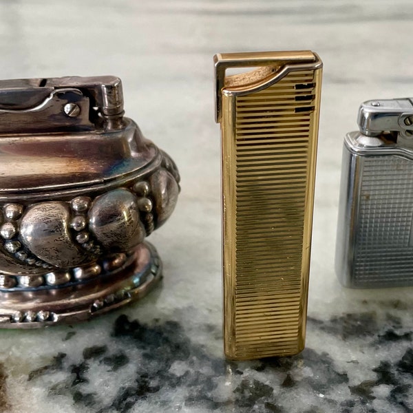 Lot of 3 MCM Cigarette Lighters / Mid Century Silverplate Ronson Crown Table Lighter / Colibri by Kretsler West Germany / Japan / Brass