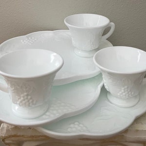 Vintage Set of 3 Indiana Milk Glass Snack Plates and Tea Cups / Colony White Harvest Grapes & Leaves / Patio or Bridge Snack Set