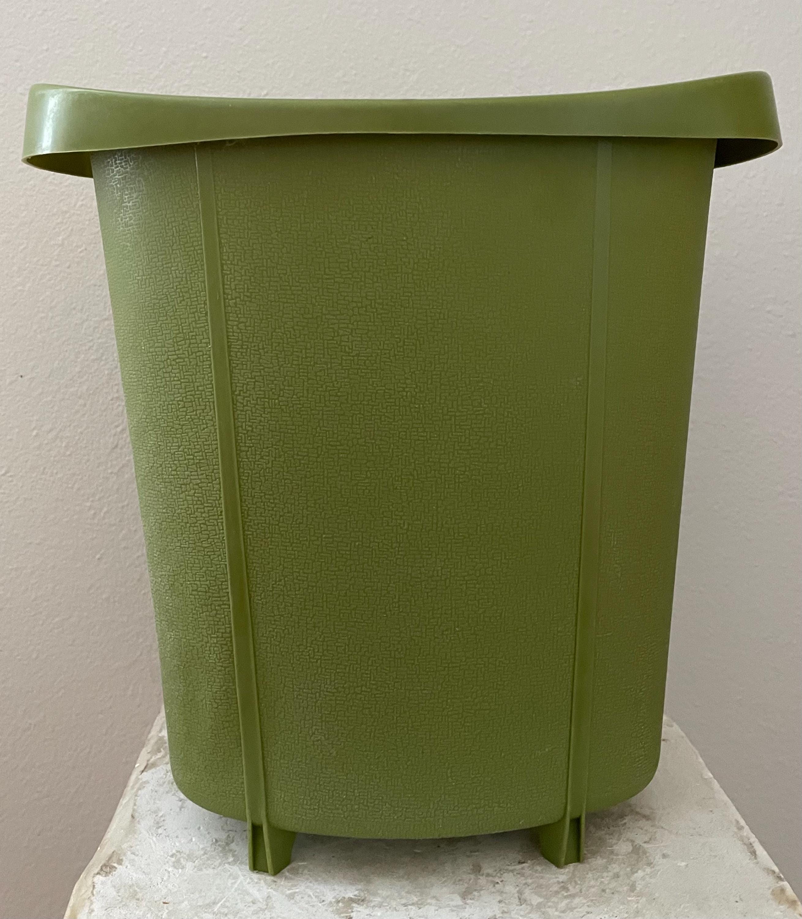 Vintage Avocado Green Plastic Trash Can / Vanity Wastebasket Can