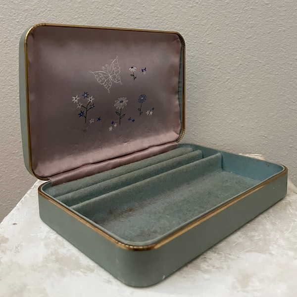 Vintage Farrington USA Travel Jewelry Box / Mid Century Modern Jewelry Box / MCM Trinket Storage / Blue and Purple / Butterfly and Flowers