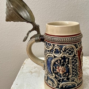 Antique German Lidded Beer Stein / 0.5 L / Made in Germany / Pewter Lid /  Courting Scene 527 / Brown & Blue