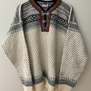 Pull Dale Of Norway Vintage - Pure Laine - Col Rond - Noir/Rouge - Taille L - Occasion Très Bon État