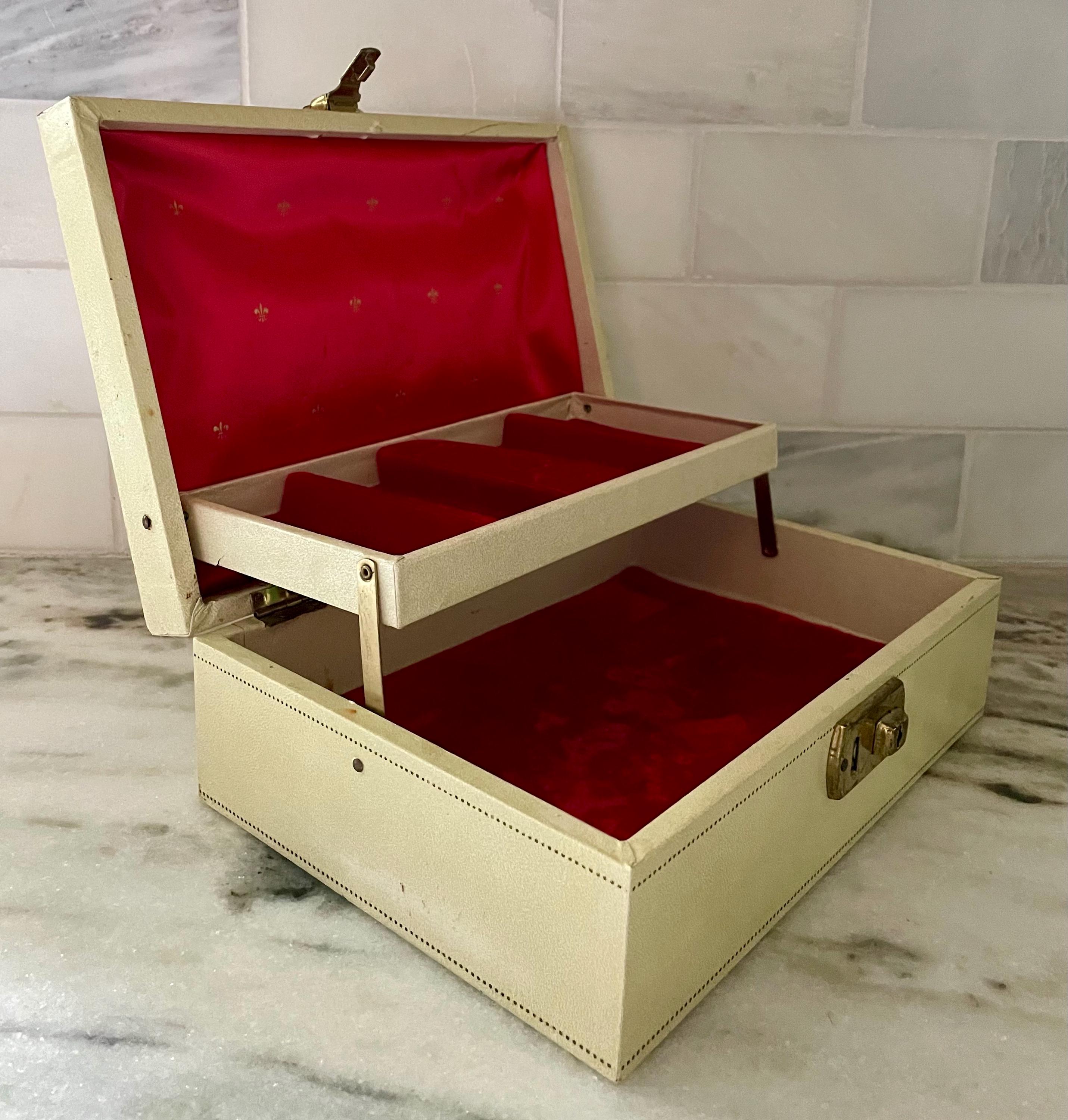 Vintage 2-tier Cream & Red Jewelry Box: Mid-century Modern Trinket