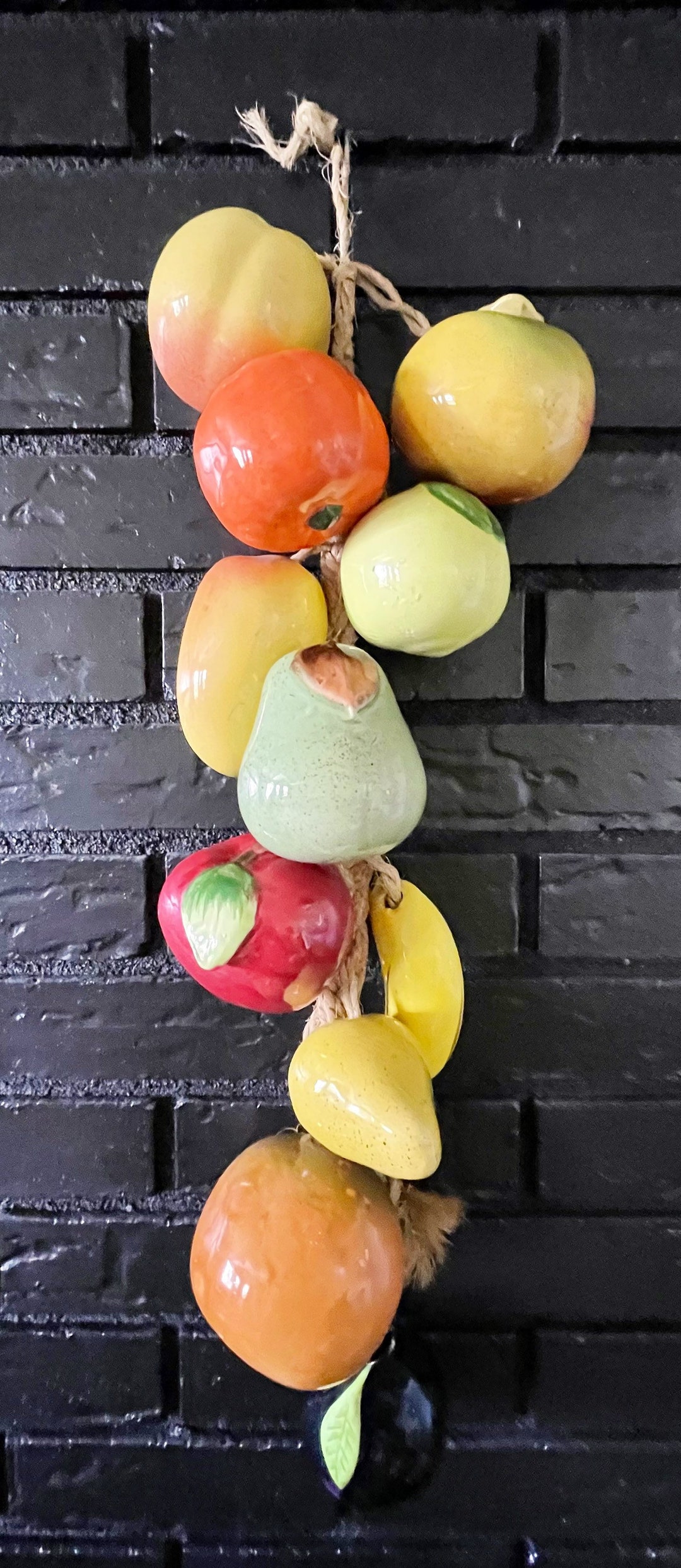 Large Vintage Hand Painted Ceramic Fruit / Wall Hanging / Rope Decor