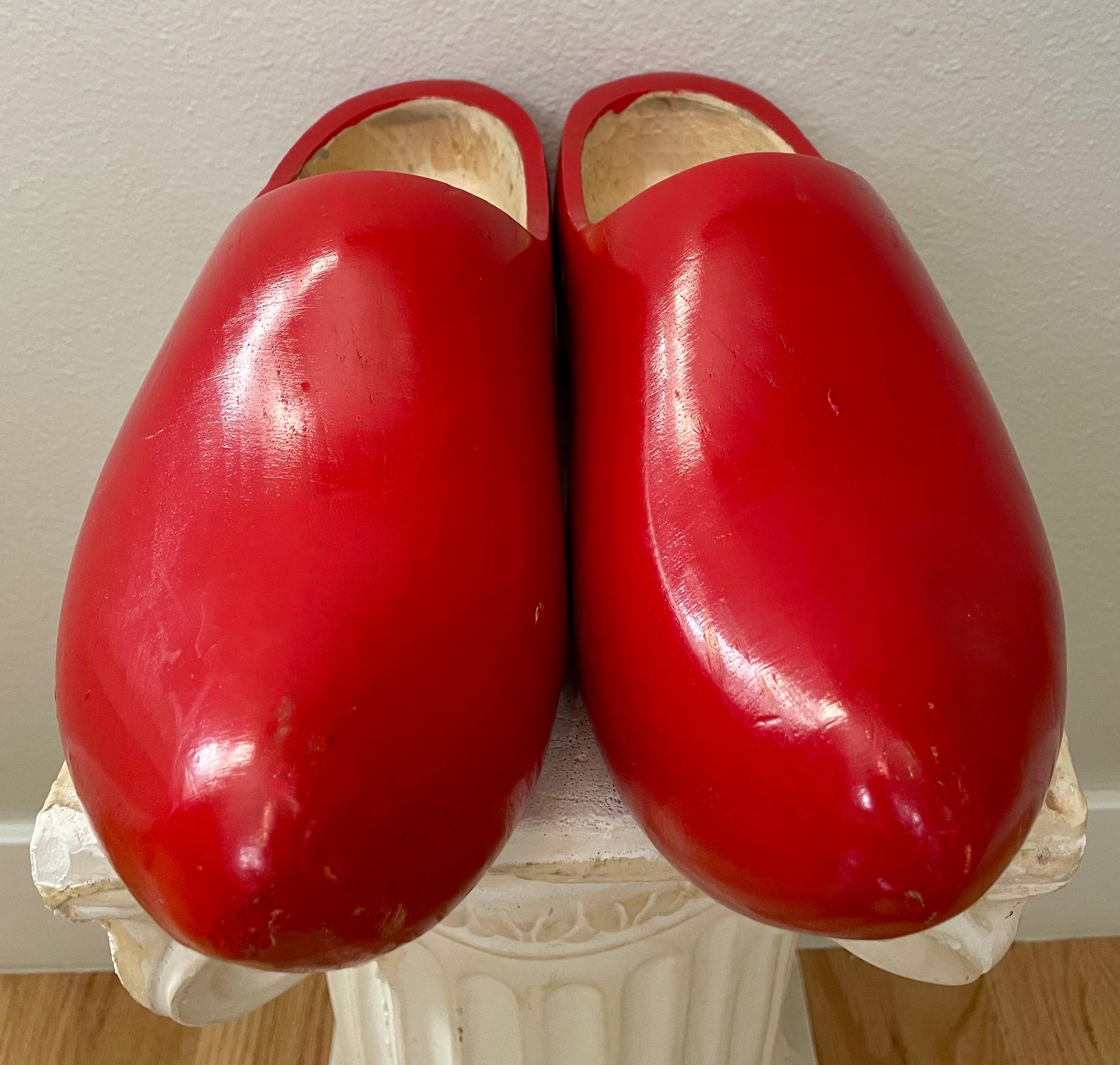 Vintage Red Wooden Dutch Clogs: Hand-chiseled Holland Decor (12