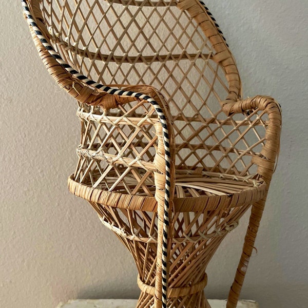 Vintage 16” Miniature Fan Back Peacock Wicker Rattan Chair / Plant Stand / Plant Holder / Display Chair / Doll Chair / Boho Décor