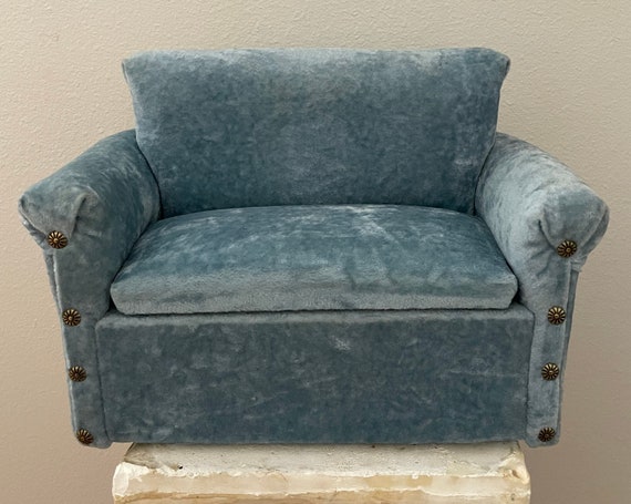 Rare Vintage Blue Velvet Hideaway Couch / Mid Cen… - image 1