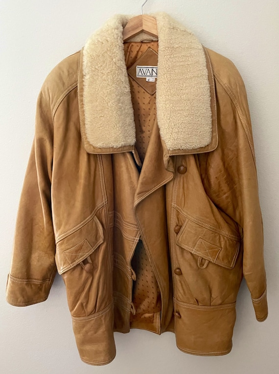 Vintage 80s Avanti Shearling Leather Coat: Unisex Tan Jacket