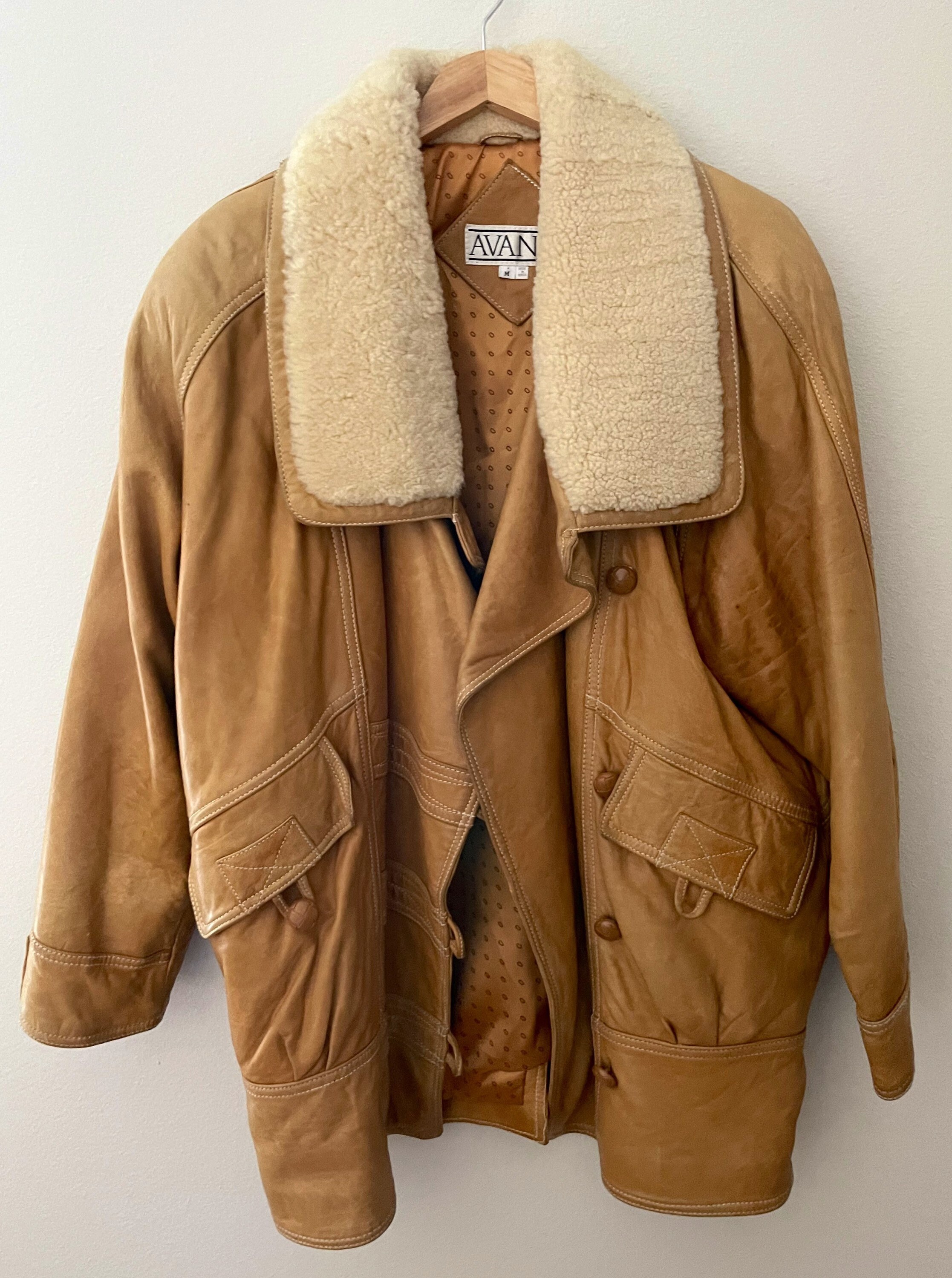 Vintage 80s Shearling Leather Coat / 80s 90s Outerwear