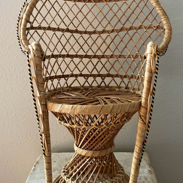 Vintage 16” Miniature Fan Back Peacock Wicker Rattan Chair / Plant Stand / Plant Holder / Display Chair / Doll Chair / Boho Décor