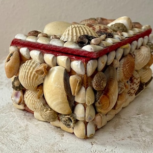 May include: A rectangular box covered in various seashells, with a red trim around the top. The box is adorned with a variety of shells in shades of cream, tan, and brown, creating a textured surface. The box is likely used for storage.