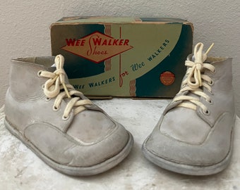 Vintage Children’s Wee Walker White Laced High Top Shoes / MCM Leather Baby Shoes / In Box / Vintage Footwear / Shop Display Decor