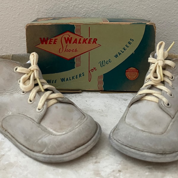 Vintage Children’s Wee Walker White Laced High Top Shoes / MCM Leather Baby Shoes / In Box / Vintage Footwear / Shop Display Decor