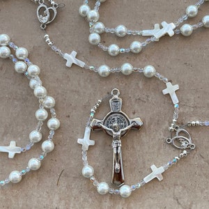 Deluxe White Pearl With Mother of Pearl Crosses Wedding  Lasso (Lazo) choice of Gold or Silver Accents