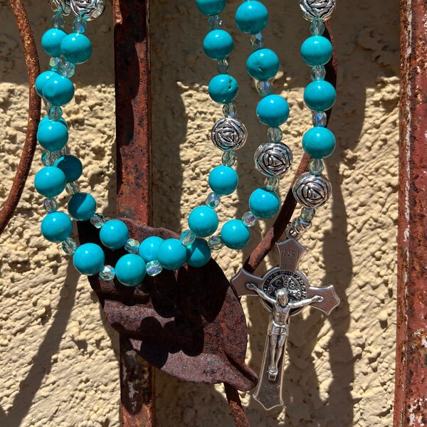 Natural Turquoise Blue Howlite Rosary With Rosettes (Custom)