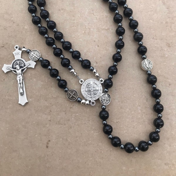 Black Obsidian Rosary (Custom, Natural stone, Catholic Man, Catholic Father Gift)