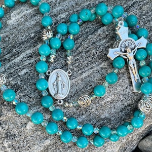 Natural Turquoise Magnesite Rosary with Rosettes