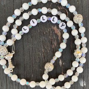 White Quartz Custom 1st Communion, Confirmation, Baptism, Wedding Personalize with a Name Rosary