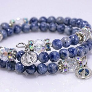 Full Rosary Wrap 10 bead choices, Memory Wire Blue Jasper