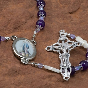 Purple Quartz Rosary With Mother of Pearl Crosses (Custom, Dyed)