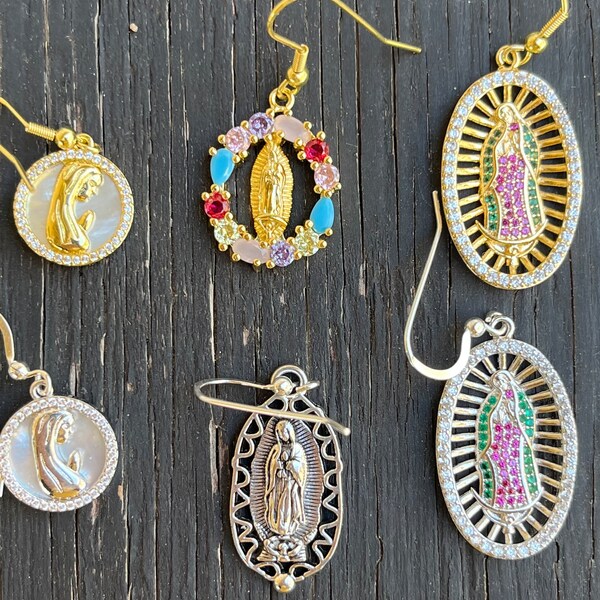 Various Our Lady of Guadalupe Earrings (Shell Backing, Cubic Zirconia, Rhinestone, Silver and Gold Brass)