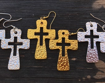 Large Hammered Cross Earrings Choice of Ear Wires