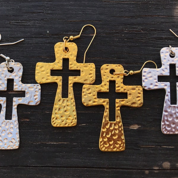 Large Hammered Cross Earrings Choice of Ear Wires
