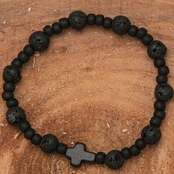 Boy's Black Lava Rock Rosary Bracelet (First Communion)