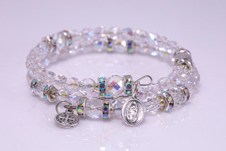 Full Rosary Wrap 10 bead choices, Memory Wire AB Clear Crystal