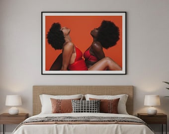 Black Women Art Sensual Afrocentric Fine Art Wall Decor Black Women With Curly Hairs And Red Dress Intimate Wall Art Unframed Unique Art