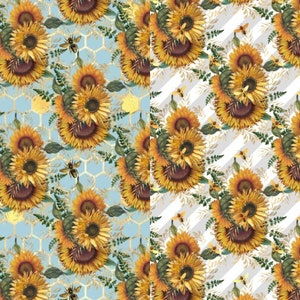 May include: Two seamless patterns featuring sunflowers, bees, and foliage. The left pattern has a blue background with a gold honeycomb pattern. The right pattern has a white background with diagonal grey stripes.