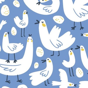 May include: A repeating pattern featuring white cartoon geese and eggs against a light blue backdrop. The geese have black legs and yellow beaks, with some in flight. The eggs are white with yellow speckles. Ideal for fabric or wallpaper.