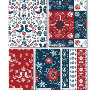May include: A selection of fabric samples showcasing Scandinavian folk art patterns. The designs include birds, flowers, bells, and snowflakes in red, white, and navy blue. The text on the samples reads "Scandi Folk Art", "Patchwork Squares", "Folk Art Doves", "Christmas Flowers", and "Scandi Stripe".