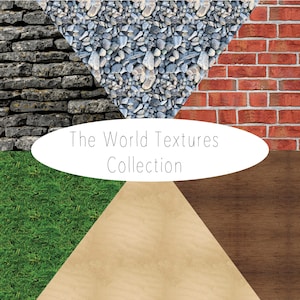 May include: A collage of various surface textures including grey stone, pebbles, red brick, green grass, beige sand, and dark wood grain. A white oval in the centre displays the text The World Textures Collection in a thin, dark grey font.